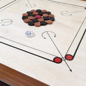 32"-Wooden-(Brown)-Carom-Board-with-Round-Pockets,-Coins,-Striker-and-Powder