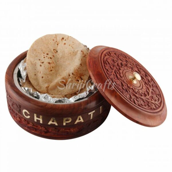 Handicraft-Wooden-Stainless-Steel-Bread-CHAPATI-Casserole-with-Engraved-Design