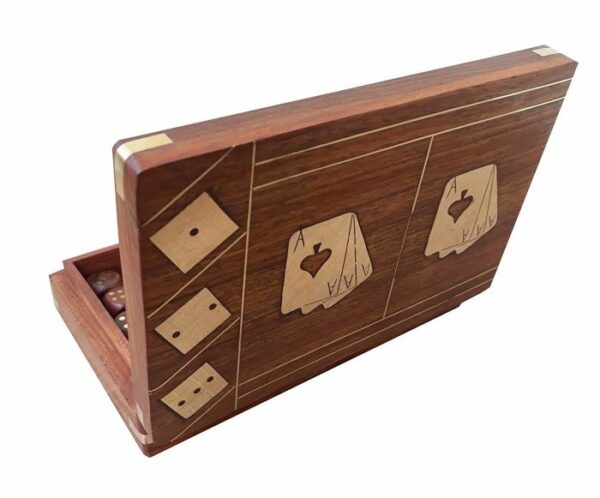Playing-Cards-Set-of-2-in-Handmade-Wooden-Storage-Box-Case-Holder-with-5-dice.