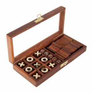 ShrijiCrafts-Handicrafts-Wooden-3-in-1-Parlour-Game-Set-|-28-Dominoes,-9-Tic-Tac-Toe-Tokens &-5-Wooden-Dice