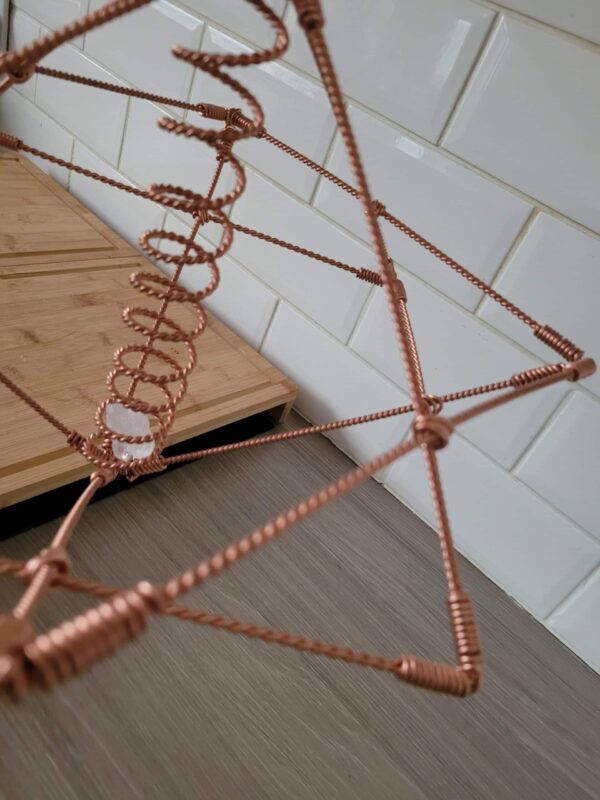 Merkaba Constructed of Sacred Cubit Tensor Wire With Copper Torus Centre And Quartz Crystal. Star Tetrahedron