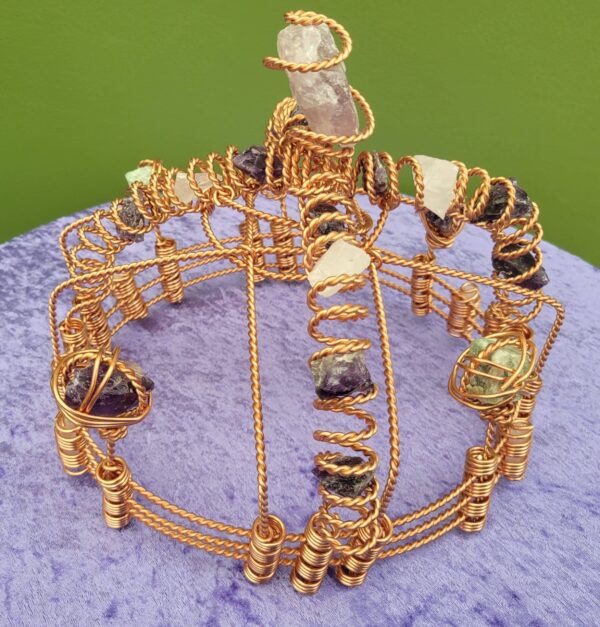Tensor Wire Crown Made With 3x Empowerment Cubit Tensor Rings. Healing Crown. With Amethyst, Quartz, And Fluorite Crystals. Meditation Tool